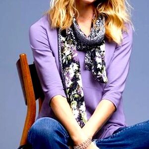 J. Jill 100% Silk Floral Scarf-Black/Purple/White Mixed Print-20"x72"